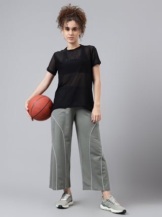 MKH Black Relaxed Fit Mesh Women Mesh Gym Training T-Shirt