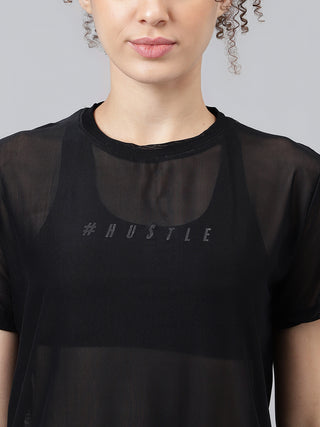 MKH Black Relaxed Fit Mesh Women Mesh Gym Training T-Shirt