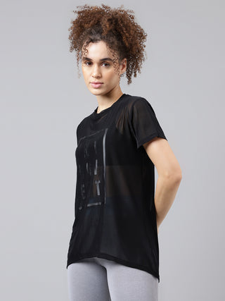 MKH Black Relaxed Fit Mesh T-Shirt Women Casual Fitness Wear