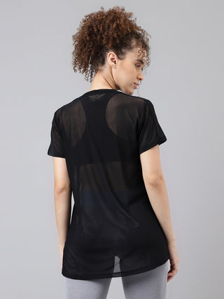 MKH Black Relaxed Fit Mesh T-Shirt Women Casual Fitness Wear