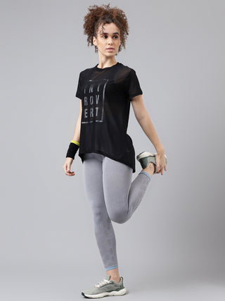 MKH Black Relaxed Fit Mesh T-Shirt Women Casual Fitness Wear