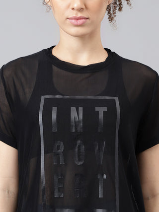 MKH Black Relaxed Fit Mesh T-Shirt Women Casual Fitness Wear