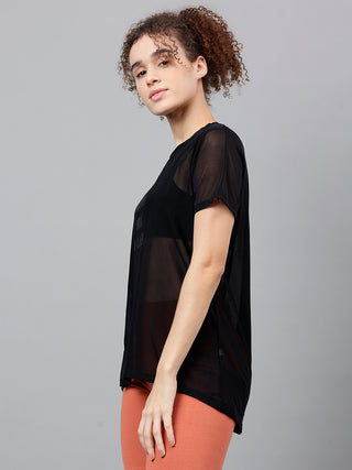 MKH Black Relaxed Fit Mesh Women Lightweight Athleisure T-Shirt