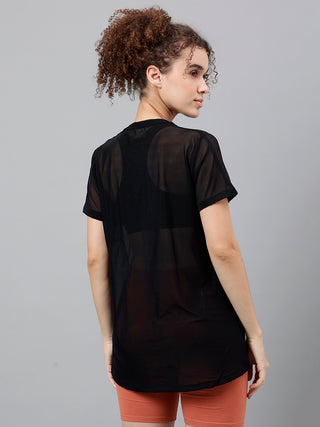 MKH Black Relaxed Fit Mesh Women Lightweight Athleisure T-Shirt