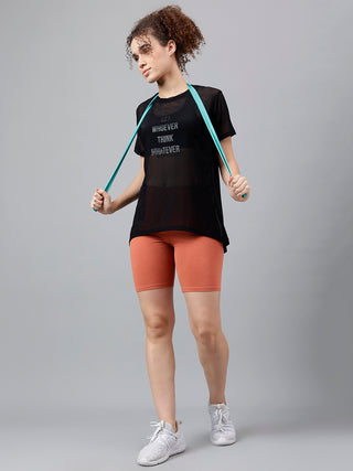 MKH Black Relaxed Fit Mesh Women Lightweight Athleisure T-Shirt