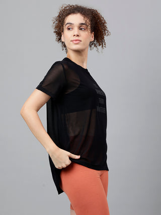 MKH Black Relaxed Fit Mesh Women Lightweight Athleisure T-Shirt