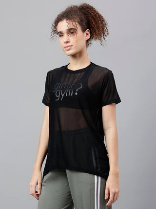 MKH Black Relaxed Fit Mesh T-Shirt Women Breathable Sportswear