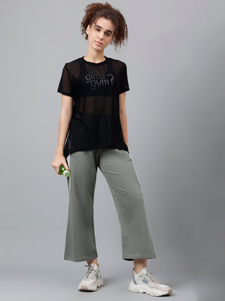 MKH Black Relaxed Fit Mesh T-Shirt Women Breathable Sportswear