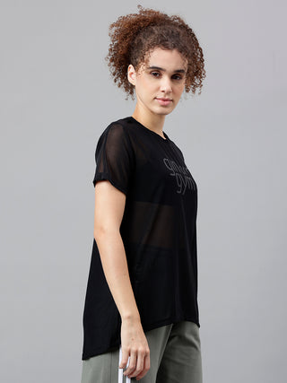 MKH Black Relaxed Fit Mesh T-Shirt Women Breathable Sportswear