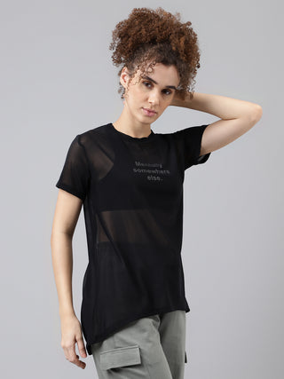 MKH Black Relaxed Fit Mesh T-Shirt Women Stylish Workout Layer