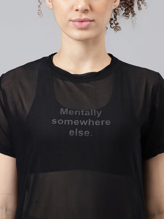 MKH Black Relaxed Fit Mesh T-Shirt Women Stylish Workout Layer
