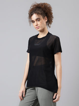 MKH Black Relaxed Fit Mesh T-Shirt Women Gym And Yoga Wear
