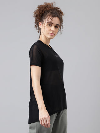 MKH Black Relaxed Fit Mesh T-Shirt Women Gym And Yoga Wear