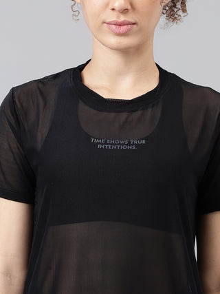 MKH Black Relaxed Fit Mesh T-Shirt Women Gym And Yoga Wear