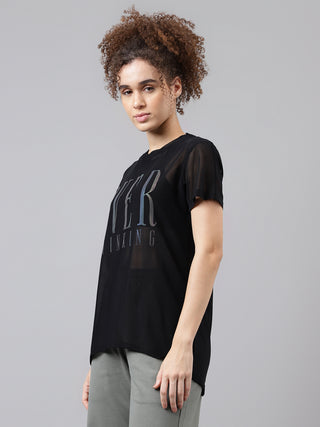 MKH Black Relaxed Fit Mesh Women Sporty Everyday T-Shirt