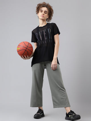 MKH Black Relaxed Fit Mesh Women Sporty Everyday T-Shirt