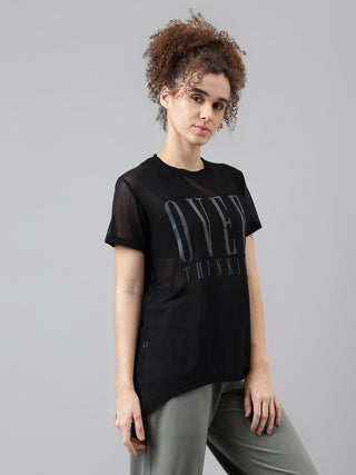 MKH Black Relaxed Fit Mesh Women Sporty Everyday T-Shirt