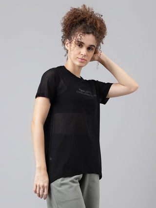 MKH Black Relaxed Fit Mesh T-Shirt Women Training Activewear Style