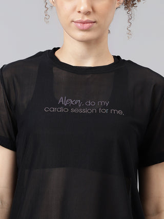 MKH Black Relaxed Fit Mesh T-Shirt Women Training Activewear Style