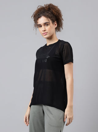 MKH Black Relaxed Fit Mesh T-Shirt Women Casual Workout Essential