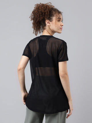 MKH Black Relaxed Fit Mesh T-Shirt Women Casual Workout Essential