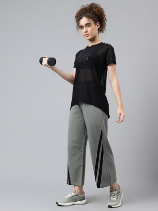 MKH Black Relaxed Fit Mesh T-Shirt Women Casual Workout Essential
