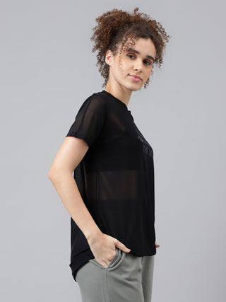 MKH Black Relaxed Fit Mesh T-Shirt Women Casual Workout Essential