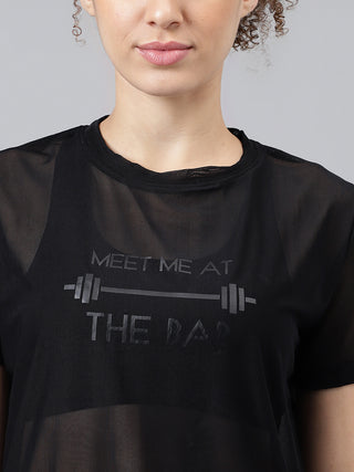 MKH Black Relaxed Fit Mesh T-Shirt Women Casual Workout Essential