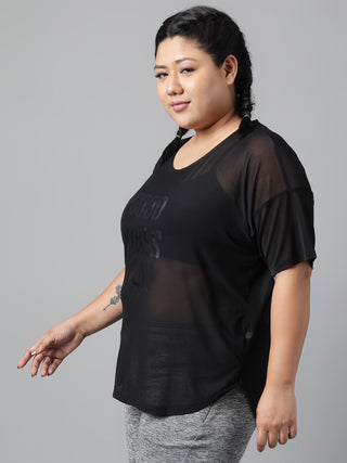 MKH Plus Size Black Mesh Activewear T-Shirt for Women
