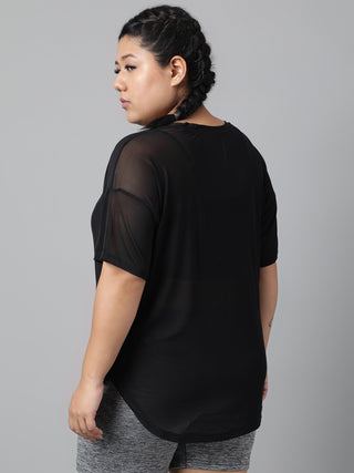 MKH Plus Size Black Mesh Activewear T-Shirt for Women