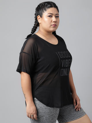 MKH Plus Size Black Mesh Activewear T-Shirt for Women