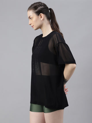 WORTHY WOMEN BLACK MESH RELAXED FIT T-SHIRT