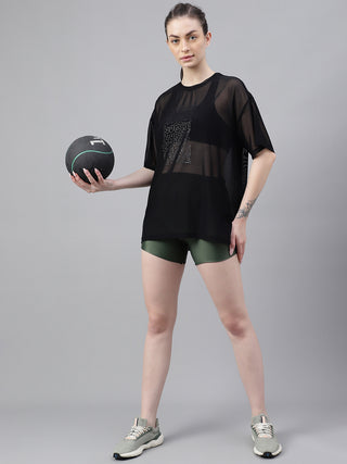 WORTHY WOMEN BLACK MESH RELAXED FIT T-SHIRT