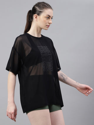 WORTHY WOMEN BLACK MESH RELAXED FIT T-SHIRT