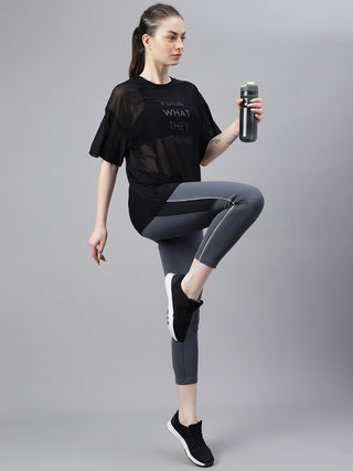 THINK WOMEN BLACK MESH RELAXED FIT T-SHIRT