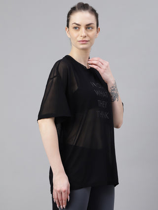 THINK WOMEN BLACK MESH RELAXED FIT T-SHIRT