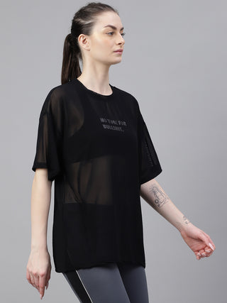 MKH Womens Black Oversized Mesh T-Shirt Lightweight Activewear