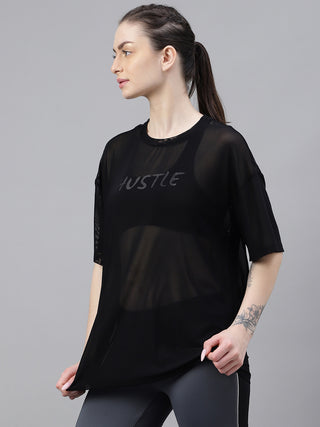 MKH Black Oversized Mesh Womens Breathable Workout T-Shirt