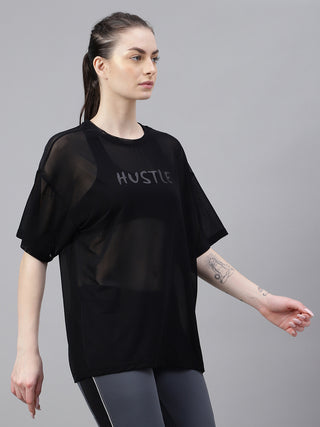 MKH Black Oversized Mesh Womens Breathable Workout T-Shirt
