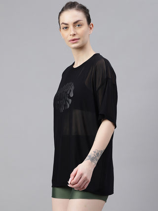 MKH Womens Black Oversized Fit Mesh T-Shirt Casual Athleisure Wear