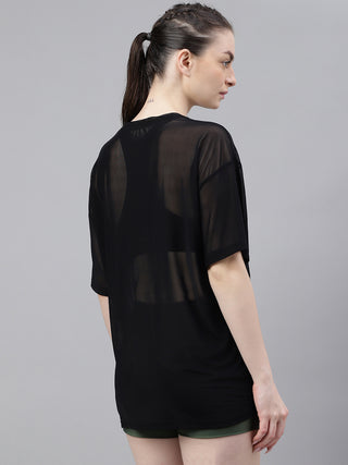 MKH Womens Black Oversized Fit Mesh T-Shirt Casual Athleisure Wear