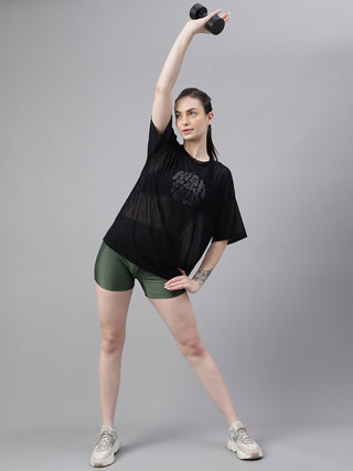 MKH Womens Black Oversized Fit Mesh T-Shirt Casual Athleisure Wear