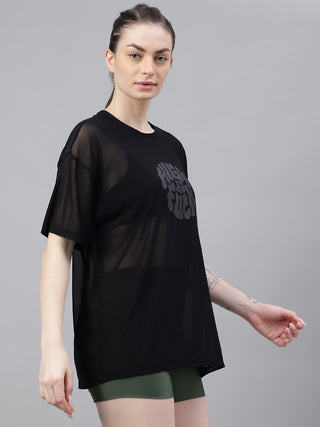 MKH Womens Black Oversized Fit Mesh T-Shirt Casual Athleisure Wear