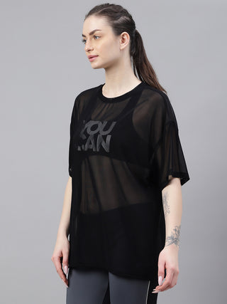 MKH Black Oversized Mesh T-Shirt Womens Streetwear Active Style