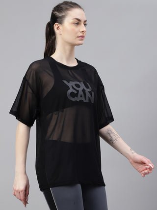 MKH Black Oversized Mesh T-Shirt Womens Streetwear Active Style