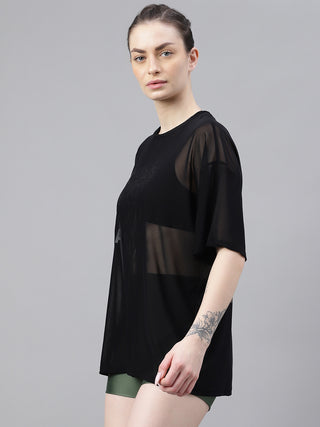 MKH Black Oversized Mesh T-Shirt Womens Casual Workout Layer
