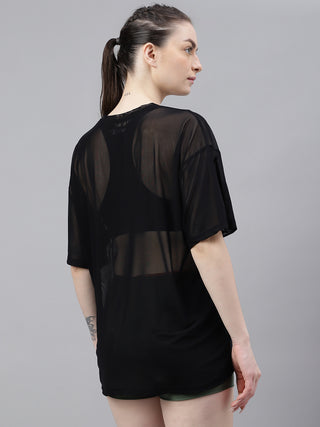 MKH Black Oversized Mesh T-Shirt Womens Casual Workout Layer