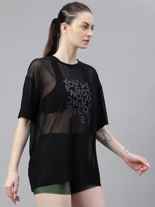 MKH Black Oversized Mesh T-Shirt Womens Casual Workout Layer