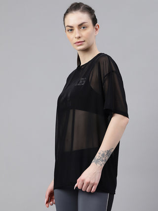 MKH Womens Black Lightweight Mesh T-Shirt Oversized Gym Wear