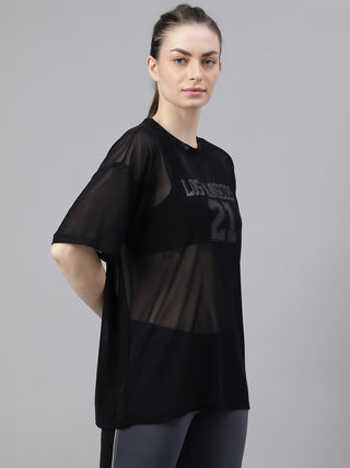 MKH Womens Black Lightweight Mesh T-Shirt Oversized Gym Wear